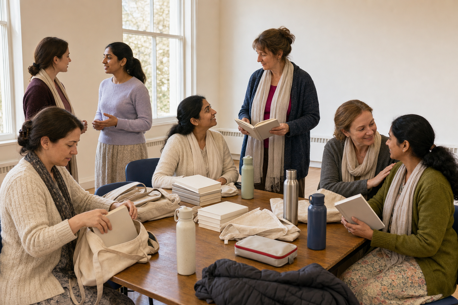 Four women sit with prayer beads in quiet dawn meditation before coats, book bags, and stacked books prepared for outreach.