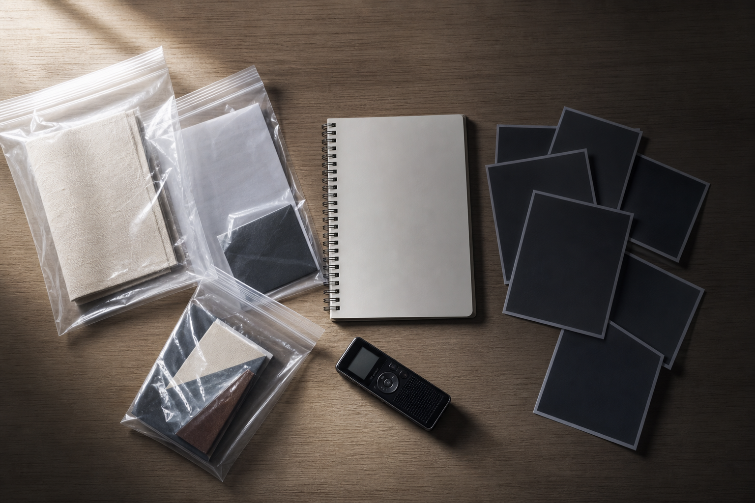 Sealed evidence bags, a blank notebook, a recorder and face-down photographs are arranged in illuminated and shadowed groups on a desk.