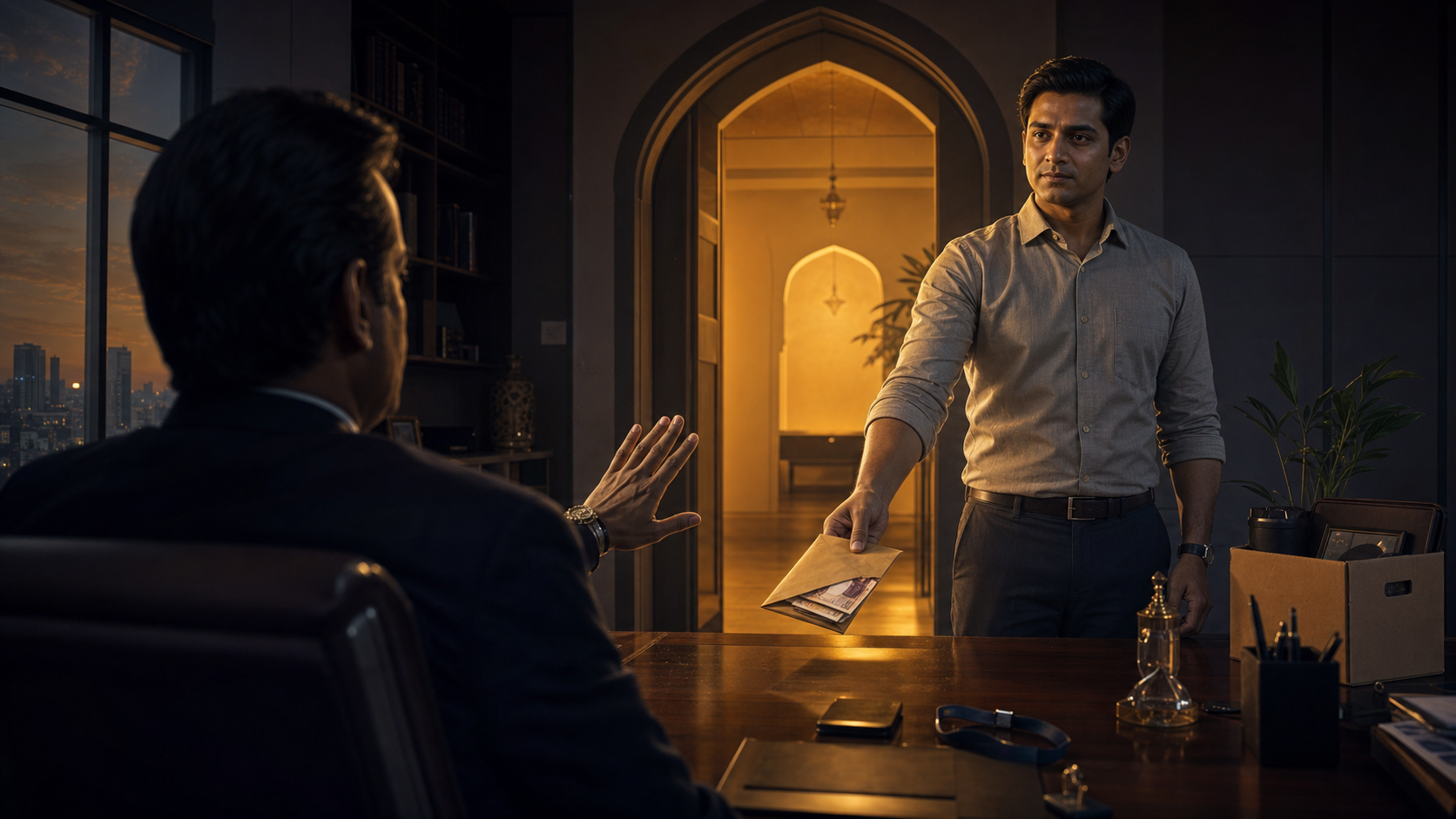 An office employee returns an envelope of cash to a senior colleague while a removed lanyard and box of belongings suggest the personal cost of refusing.