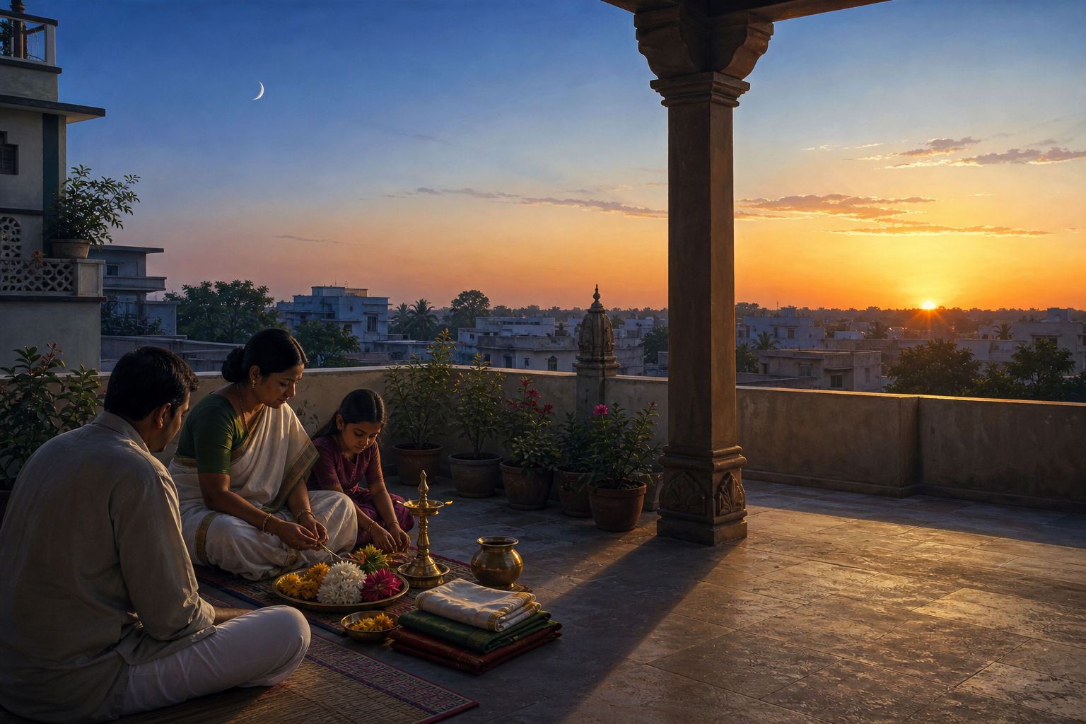 A family listens to an elder during a home observance beside a raised Gudi and a brass tray of ritual offerings.