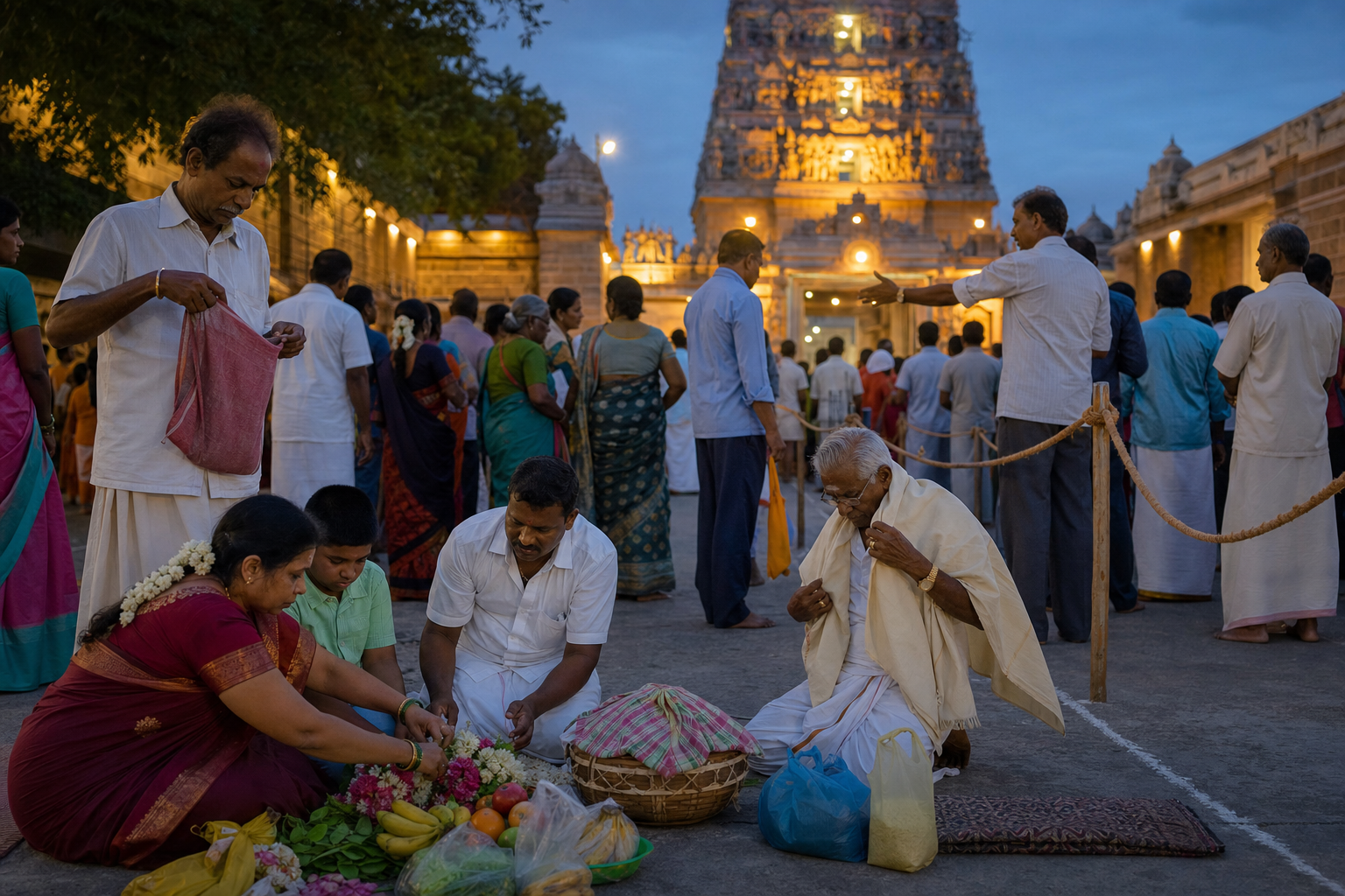 A priest performs abhishekam on a metal image of Murugan beside brass vessels, flowers, ceremonial cloth and oil lamps.