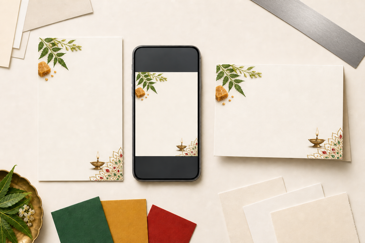 Three blank Ugadi greeting layouts in print, portrait story, and square phone-message formats on a designer's desk.