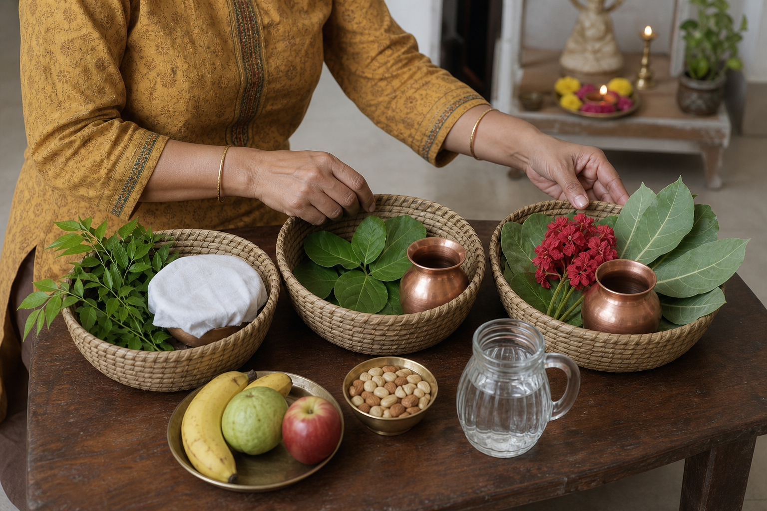 A devotee organizes three separate ritual baskets beside fruit, nuts and water in a home prayer space.