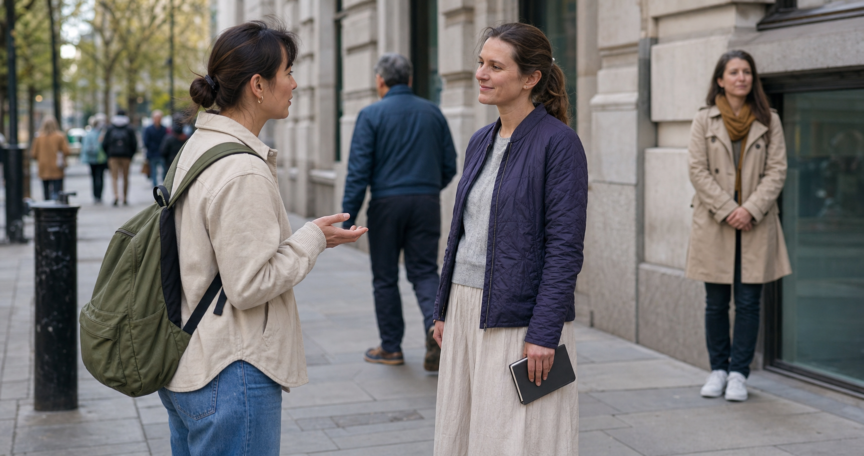 Paired women volunteers speak with a book recipient at the side of a London square while keeping the pedestrian route open and monitoring one another's safety.