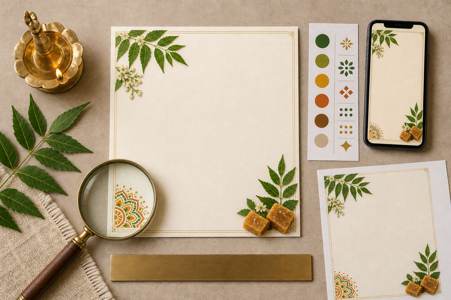 An unlettered Ugadi greeting card being checked with a magnifying glass, ruler, color swatches, printed proof, and smartphone preview.