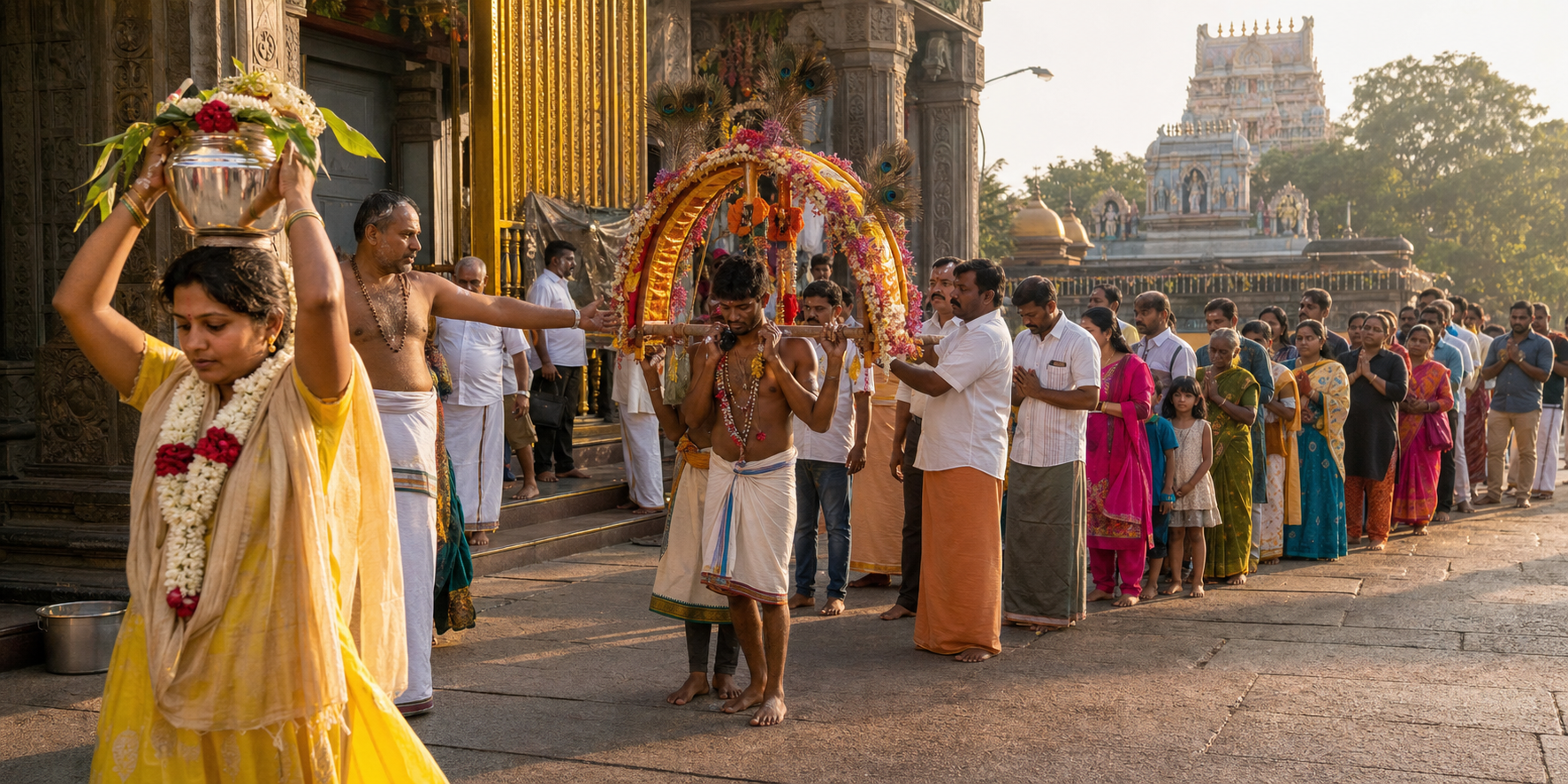 Palkudam bearers, Kavadi carriers and devotees waiting for darshan share an orderly South Indian temple courtyard.