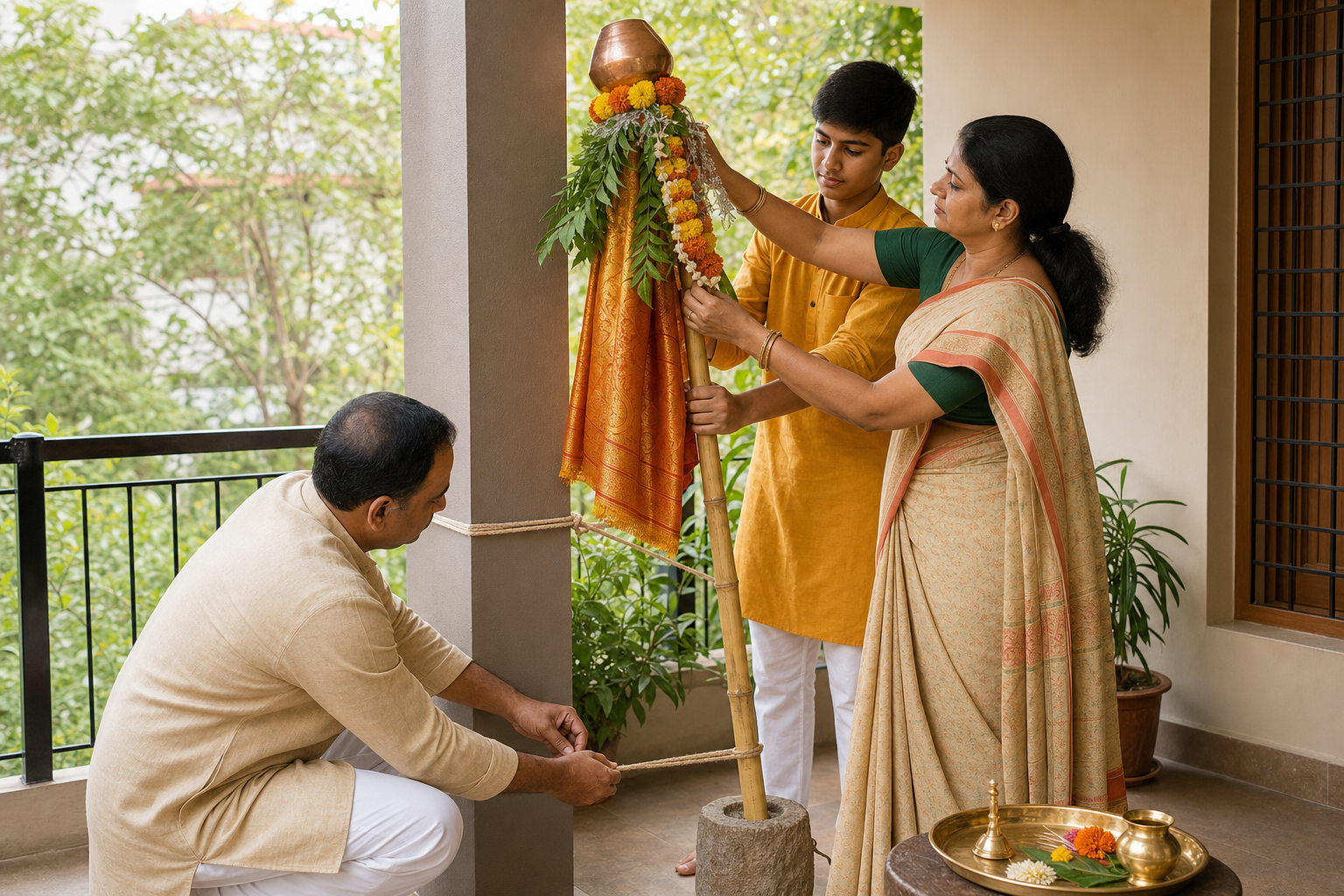 Family members meditate, prepare supplies for donation, and water a sapling near a Gudi on a home veranda.
