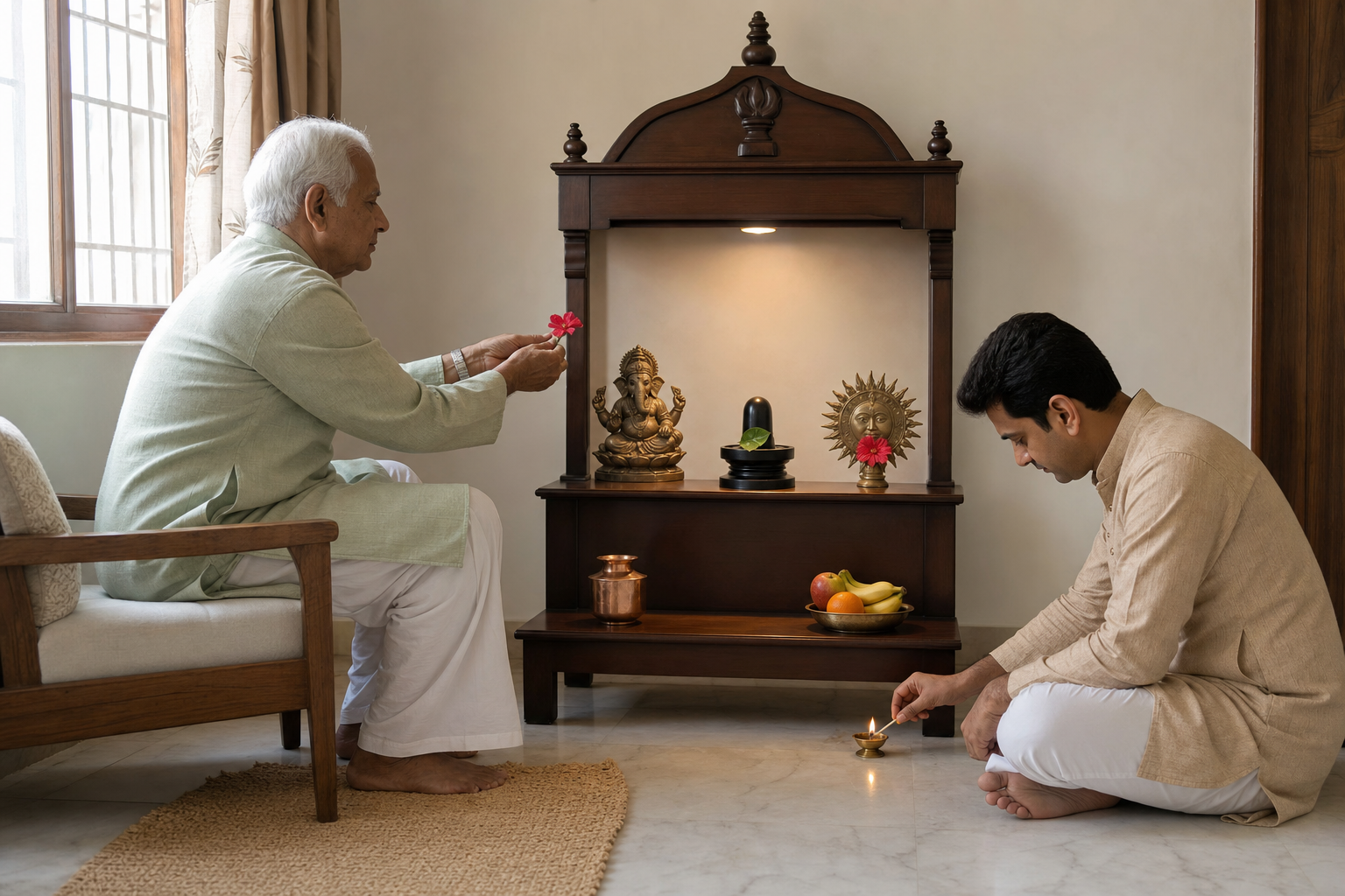 An older devotee offers a flower at a simple home shrine while a family member lights an oil lamp.