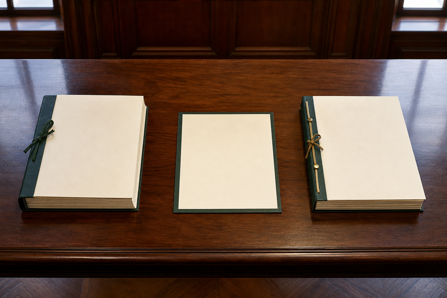 Two separate petition files lie on either side of a central judicial order on a courtroom table.