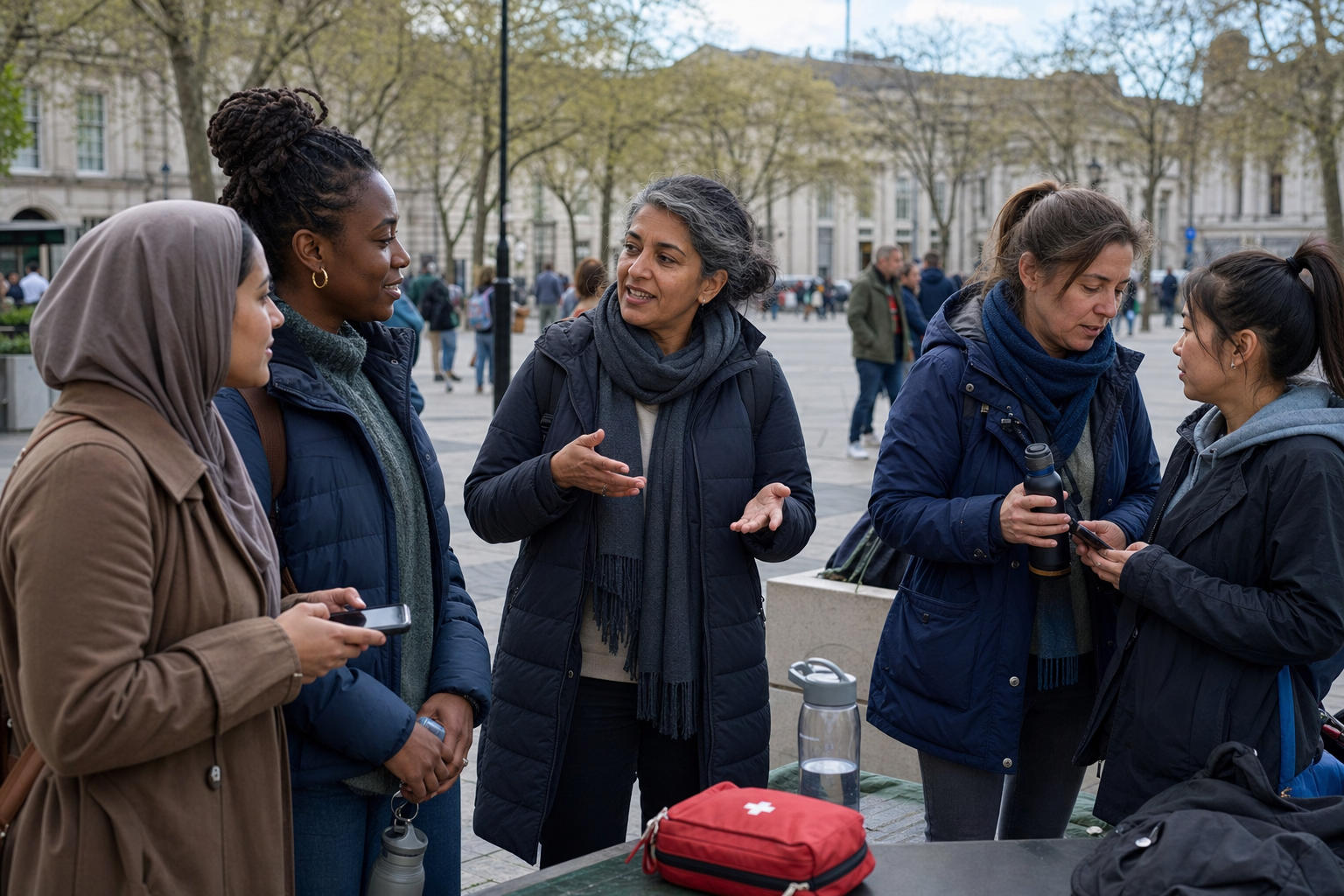 A woman with an open spiritual book joins a welcoming evening discussion circle with volunteers and other community members in London.