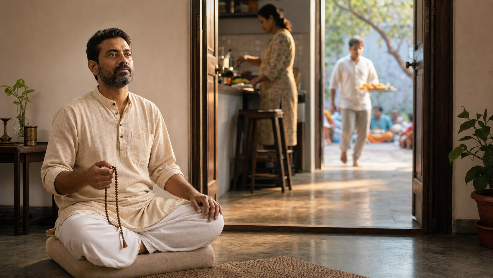 An adult practices japa with wooden prayer beads in a quiet home at dawn while everyday family and community activity appears softly in the background.