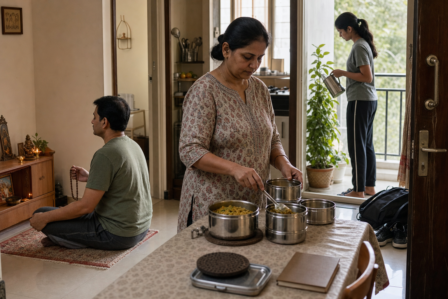 Neighbors with distinct festive displays greet one another across adjoining home entrances in an Indian residential lane.