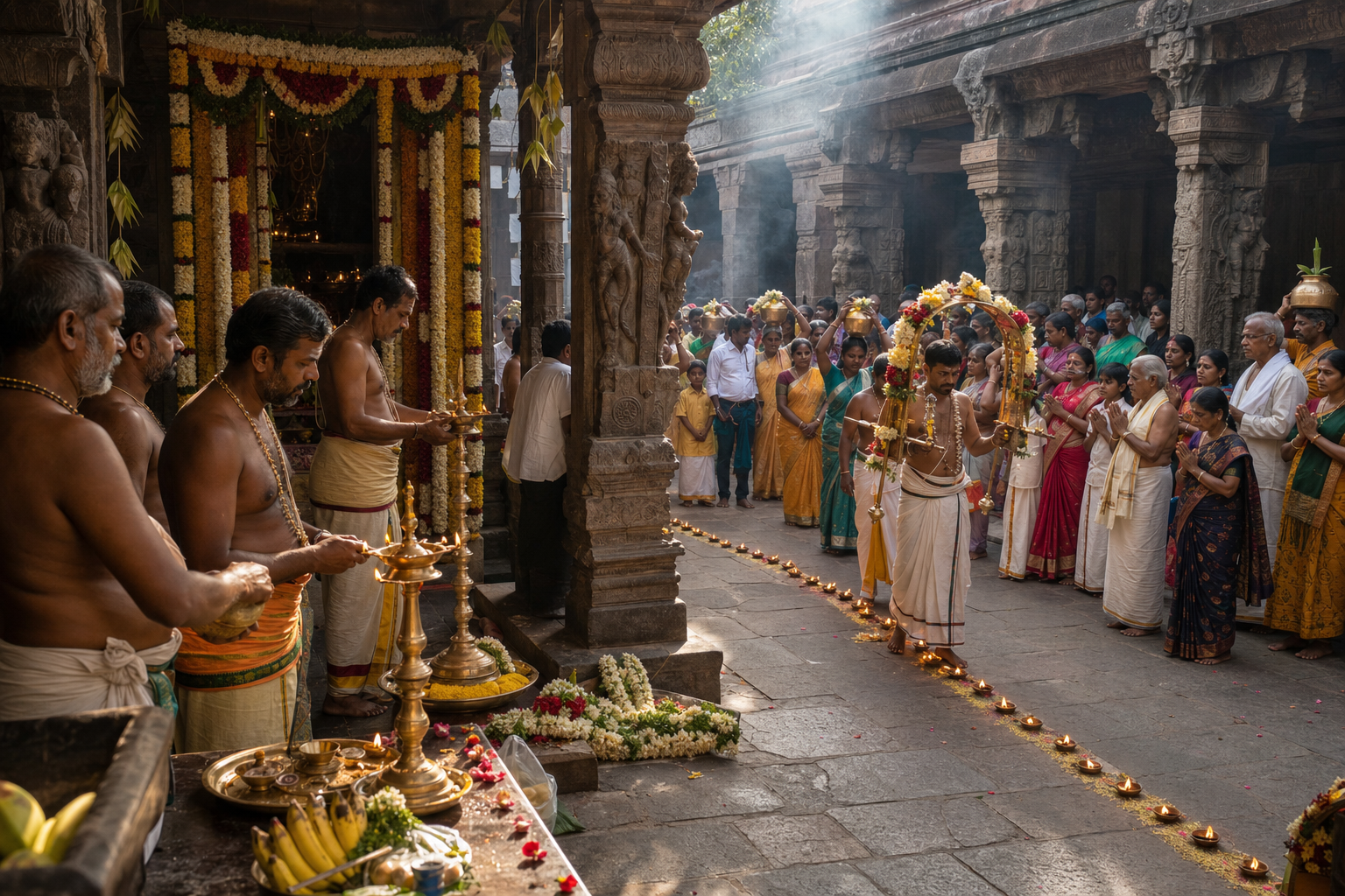 Festival icons of Murugan, Deivanai and Valli are adorned beneath a floral canopy as priests conduct a temple Kalyanam ritual.