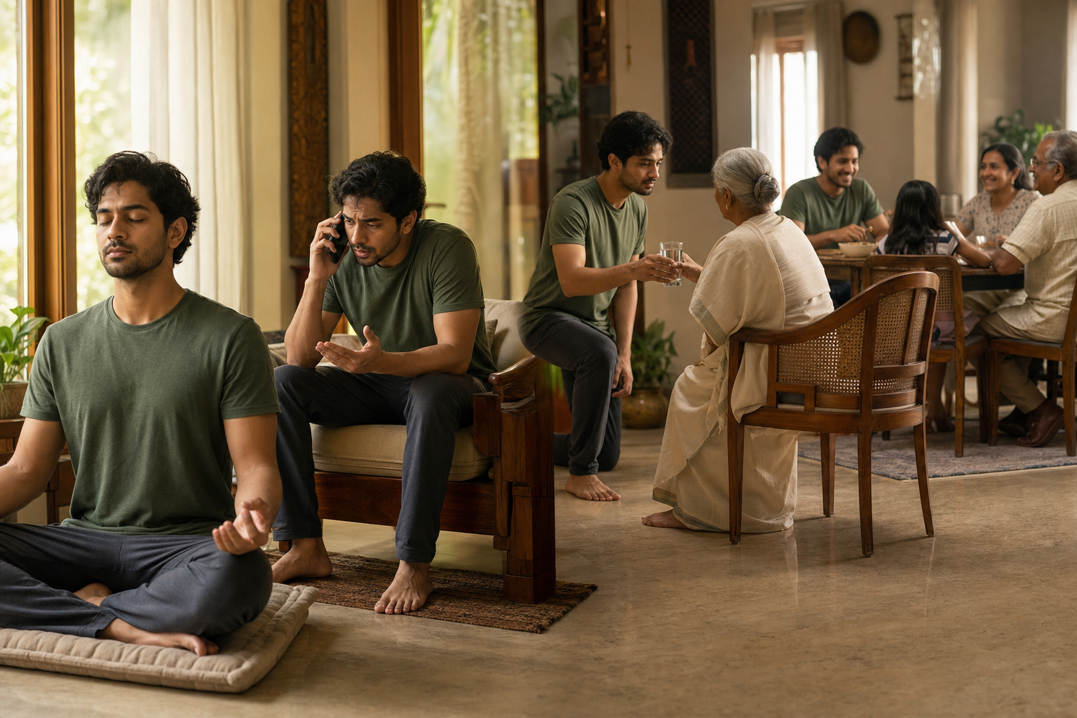 A sequence in one home shows a person meditating, responding calmly to a phone call, helping an older relative, and eating with family.