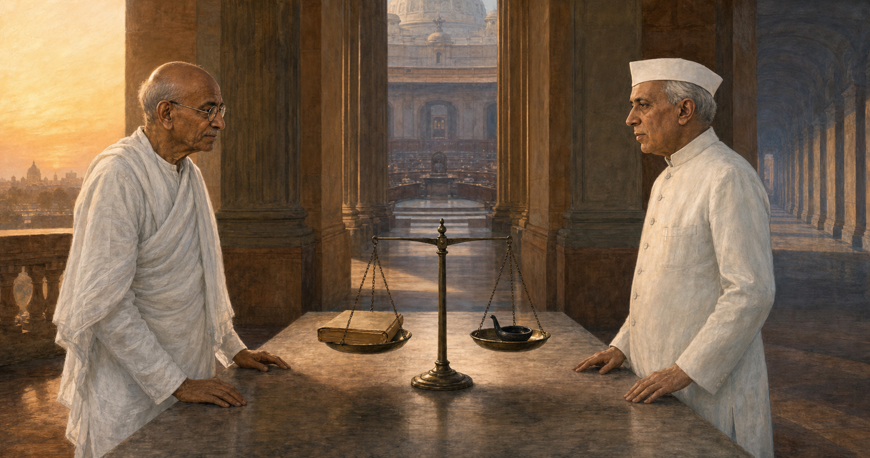 An editorial illustration of C. Rajagopalachari and Jawaharlal Nehru standing across a council table with a balance scale between them in a sandstone government building.
