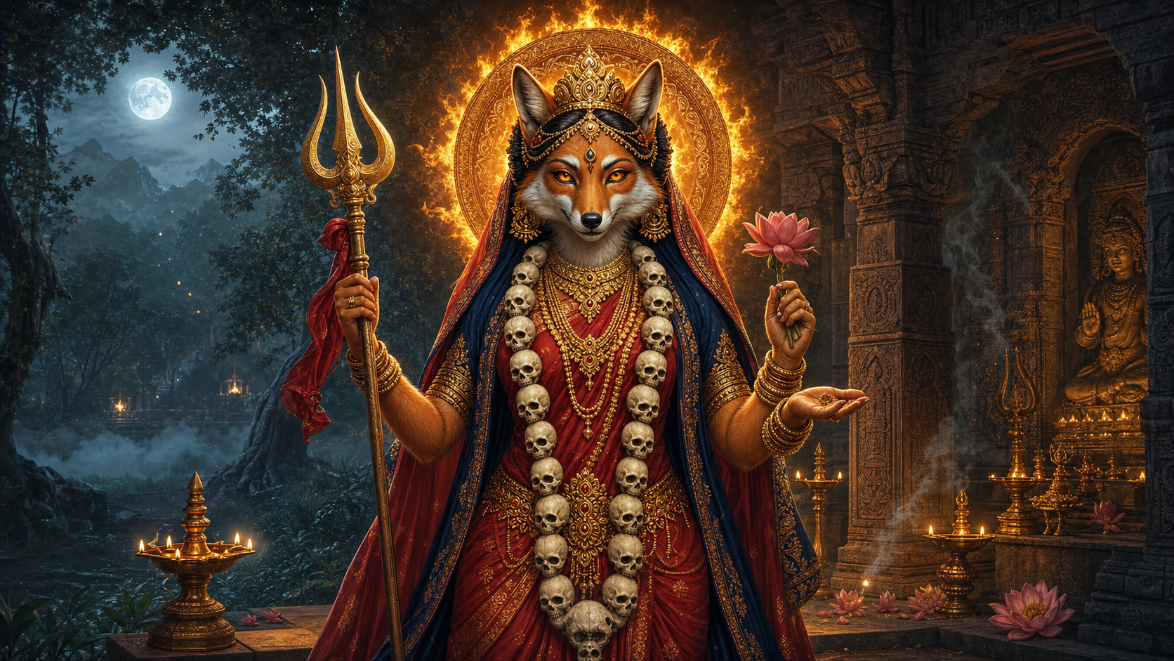 Fox-faced Hindu Shakti goddess Kapalamalini with trident, lotus, skull garland, fiery halo, moonlit forest and ancient temple shrine