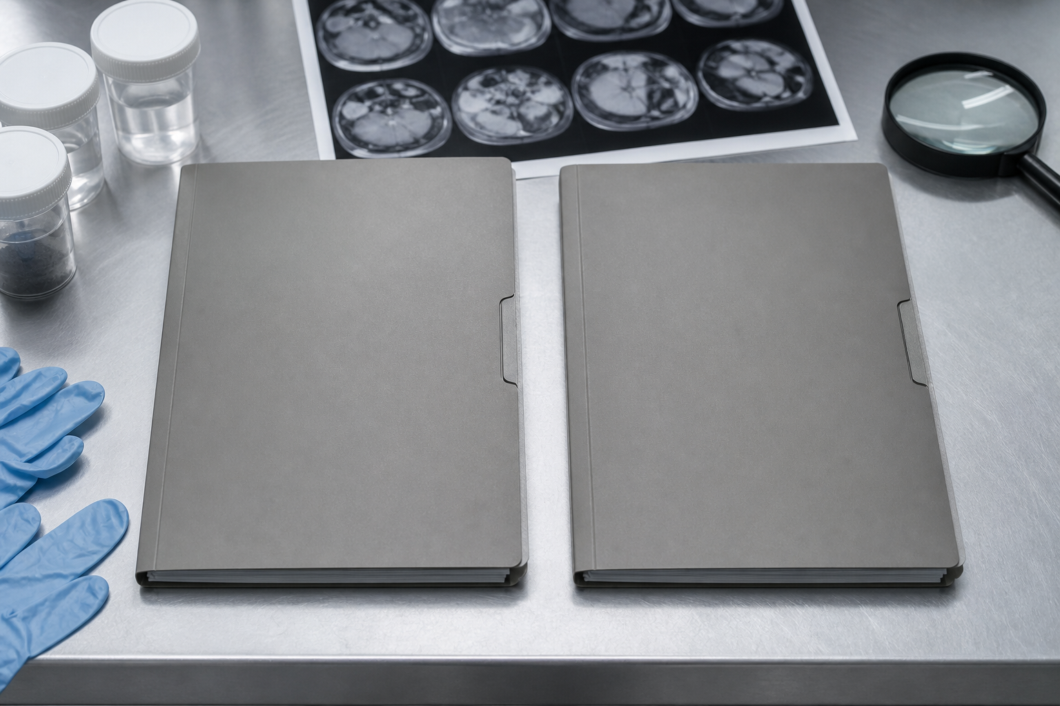 Two closed medical examination folders sit beside sealed specimen containers, gloves and grayscale scan films on a clinical table.
