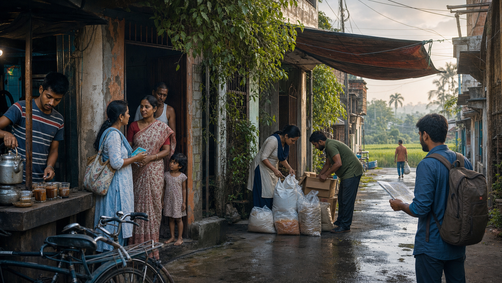 Local volunteers speak with residents and organize relief supplies in a West Bengal neighbourhood at dawn.
