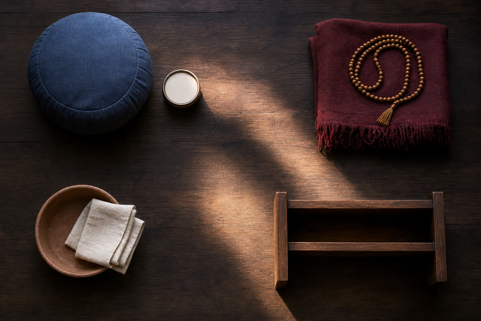 An overhead arrangement shows a meditation cushion, mala, service items, and a sparse shelf as distinct options for spiritual practice.