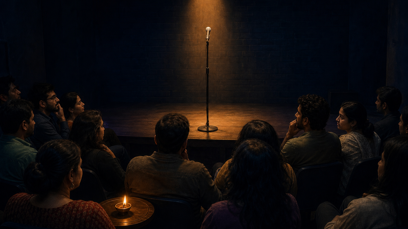 A microphone on a warmly lit comedy stage faces a thoughtful audience, with a small brass diya glowing in the foreground.