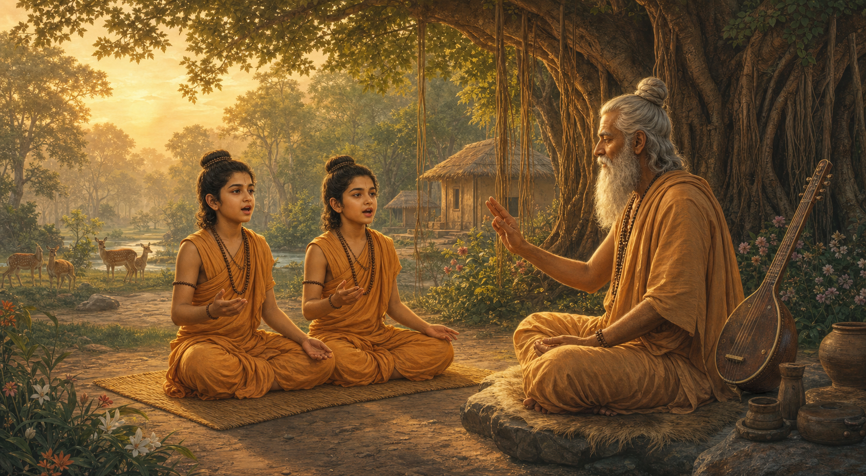 Lava and Kusha recite together on grass mats while Valmiki guides them beneath a tree in a forest ashram.