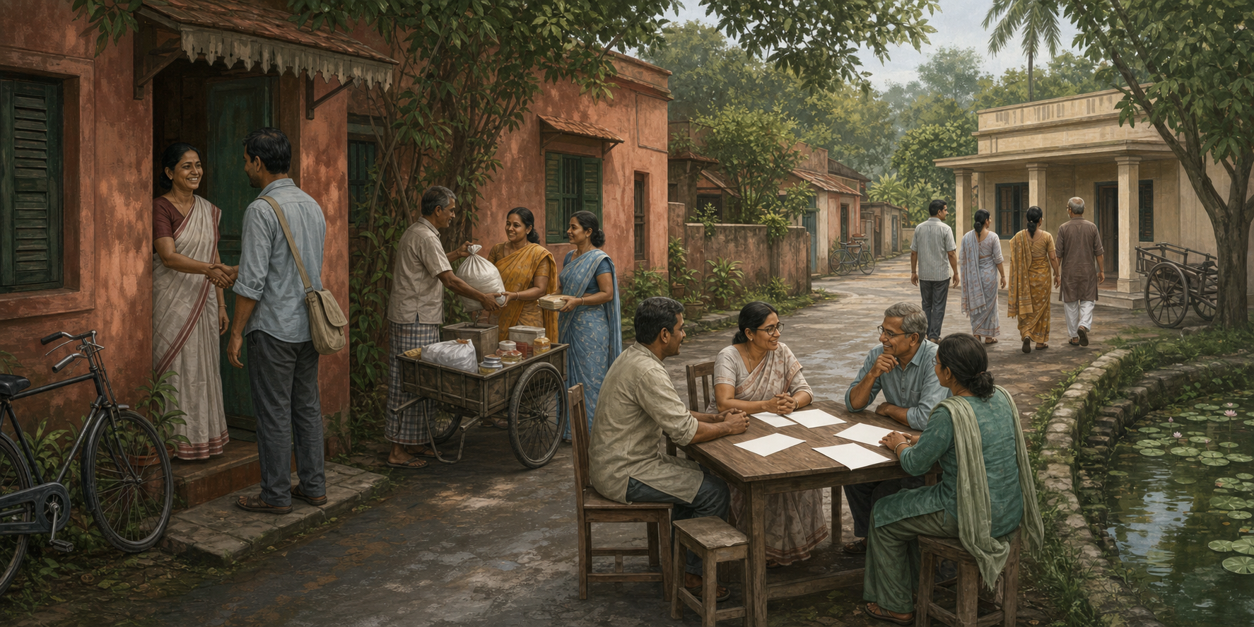 Four connected neighbourhood scenes show household contact, community service, a discussion of public services, and residents approaching a polling place.