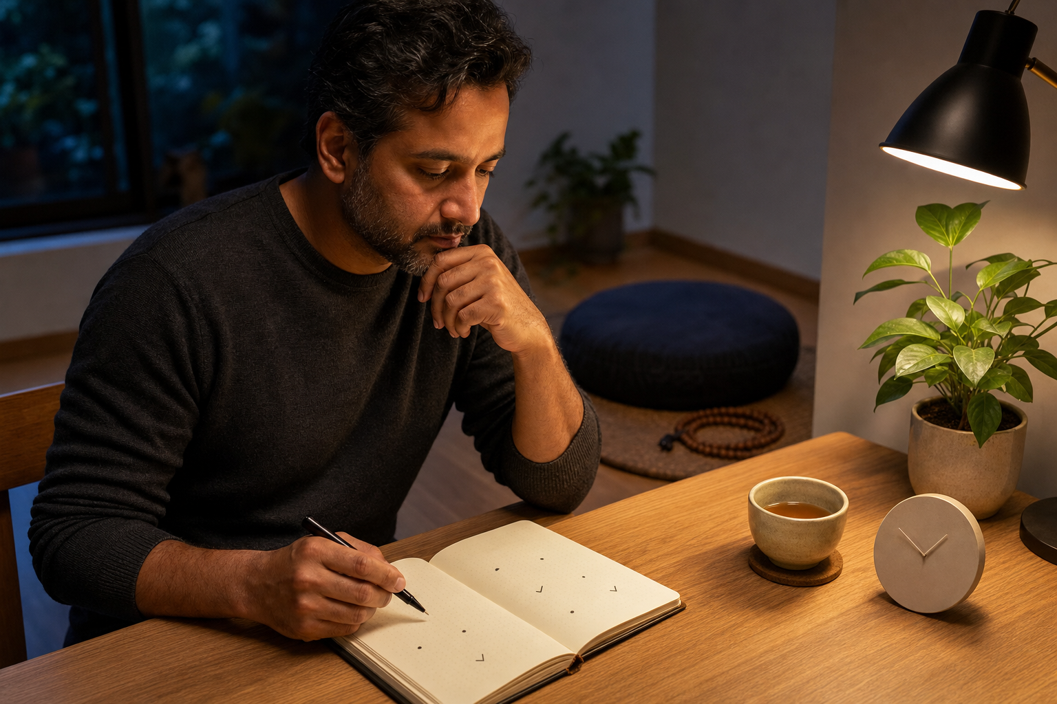 An adult reflects at a desk with a journal, tea, and plant after meditating, while a cushion and mala rest nearby.
