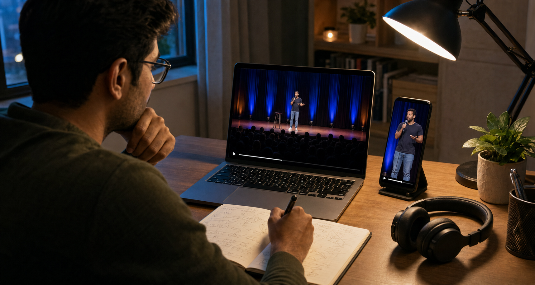 A person at a desk compares a full comedy recording on a laptop with a shorter version of the same scene on a smartphone.