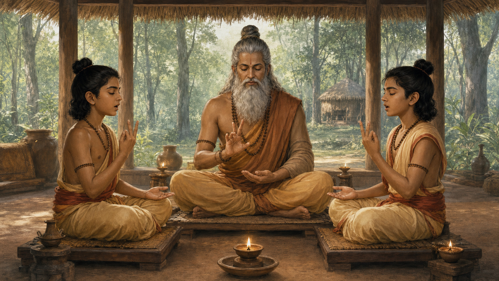 Valmiki marks a rhythmic cycle with his fingers as Lava and Kusha recite in unison inside a forest study pavilion.
