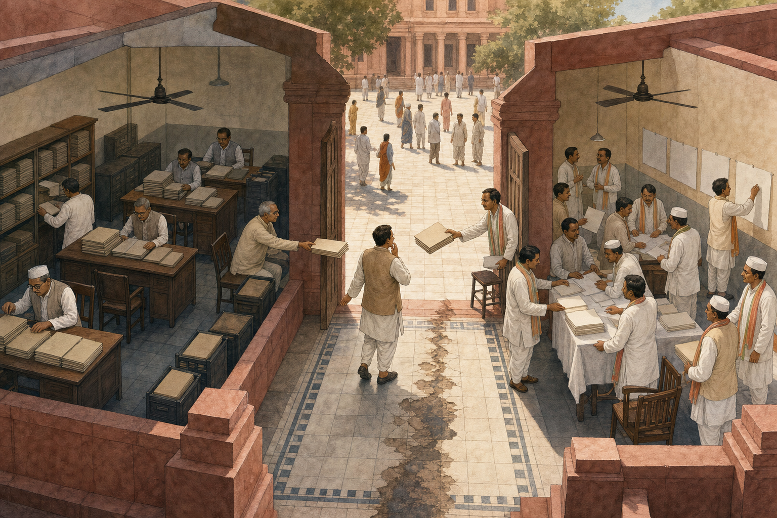 A cutaway government building shows civil servants and party organizers exchanging unmarked files across a worn dividing line.