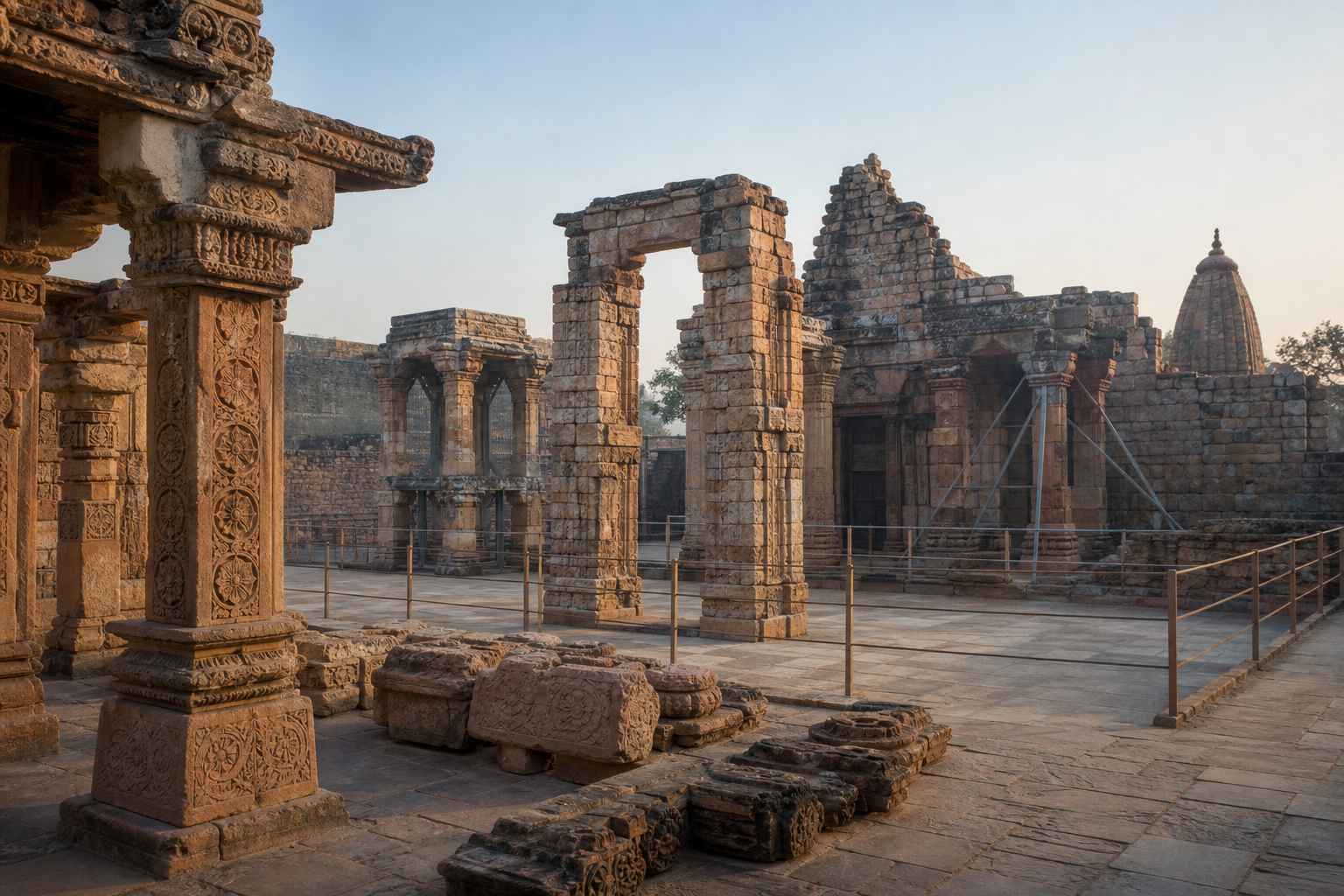 An empty protected stone monument courtyard with carved pillars, weathered arches, and conservation barriers.