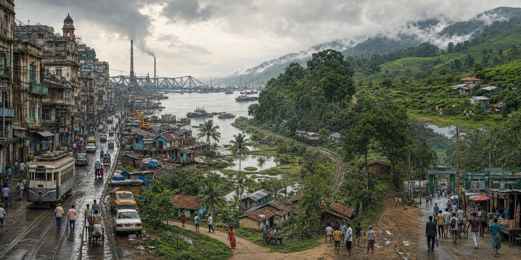 A panoramic West Bengal landscape connects an urban street, industrial riverbank, delta village, forest settlement, northern tea hills, and border market.