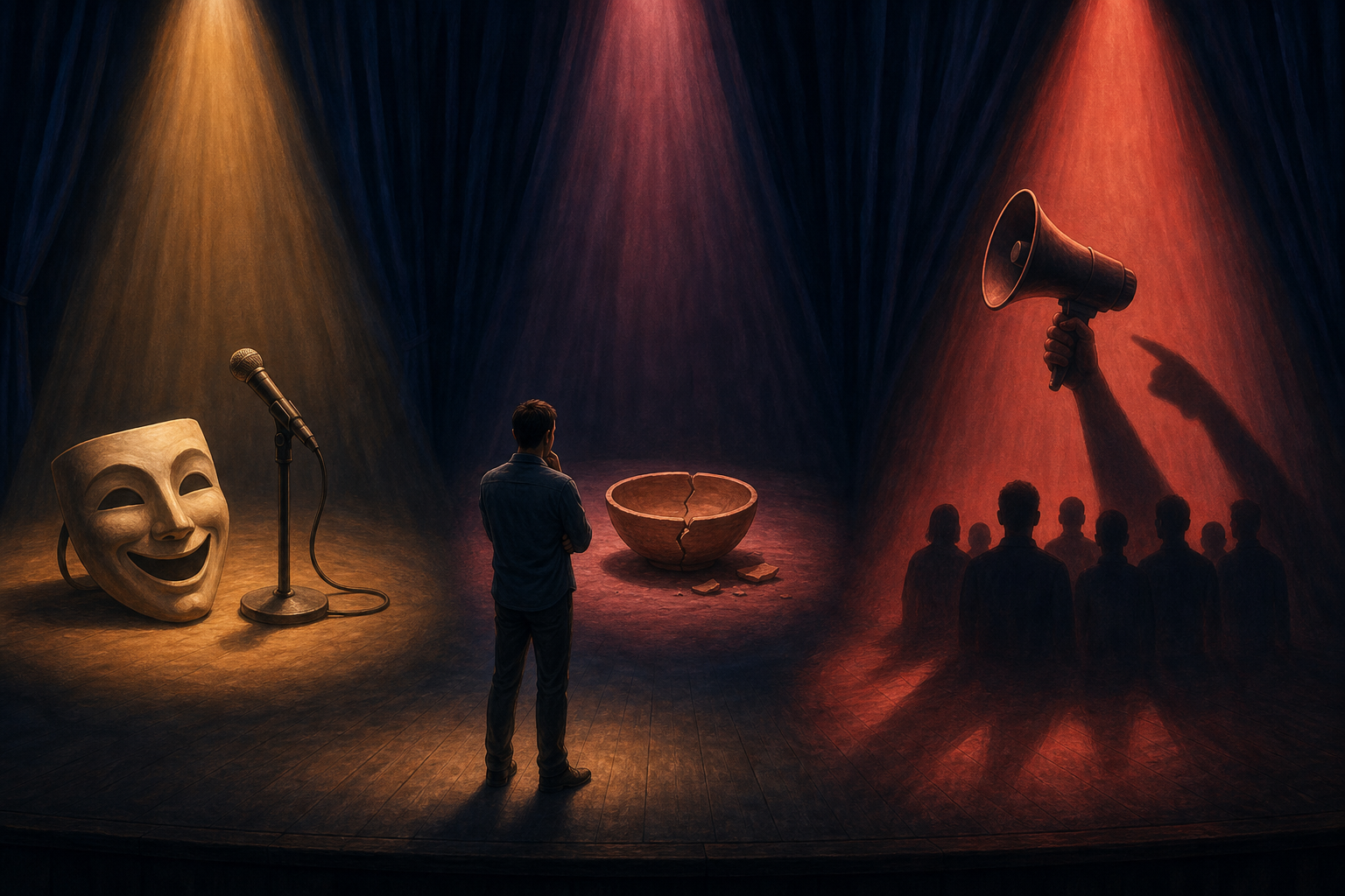An observer studies three separately lit stage scenes symbolizing satire, religious insult, and threatening incitement.