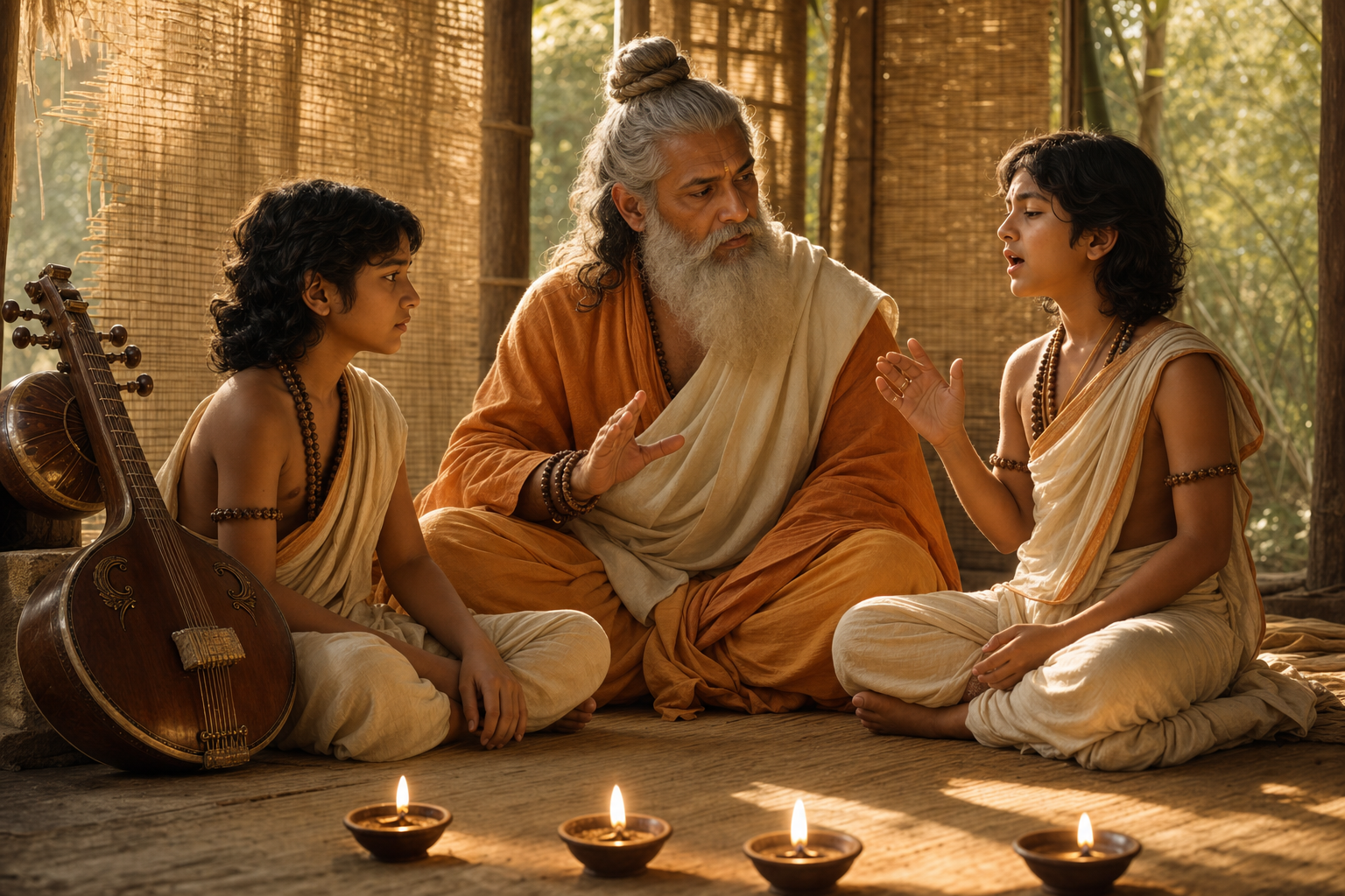Valmiki listens to one of the twins recite while marking the beat, with the other twin and a stringed instrument nearby.