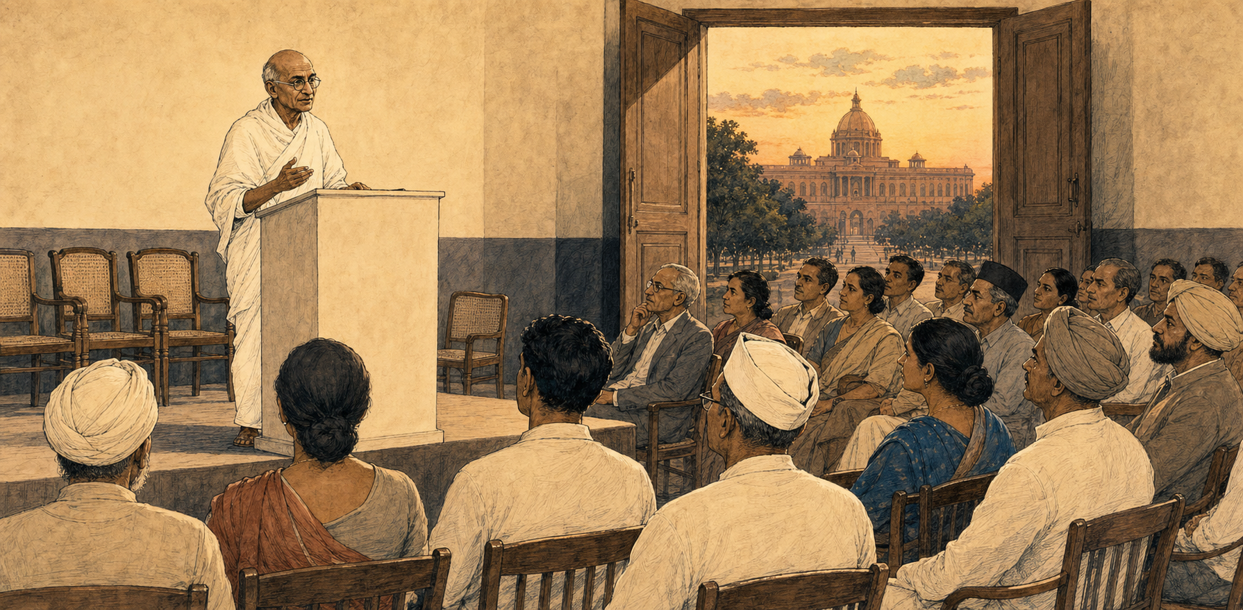 C. Rajagopalachari addresses a small, attentive public meeting while an illuminated legislature is visible through open doors behind the audience.