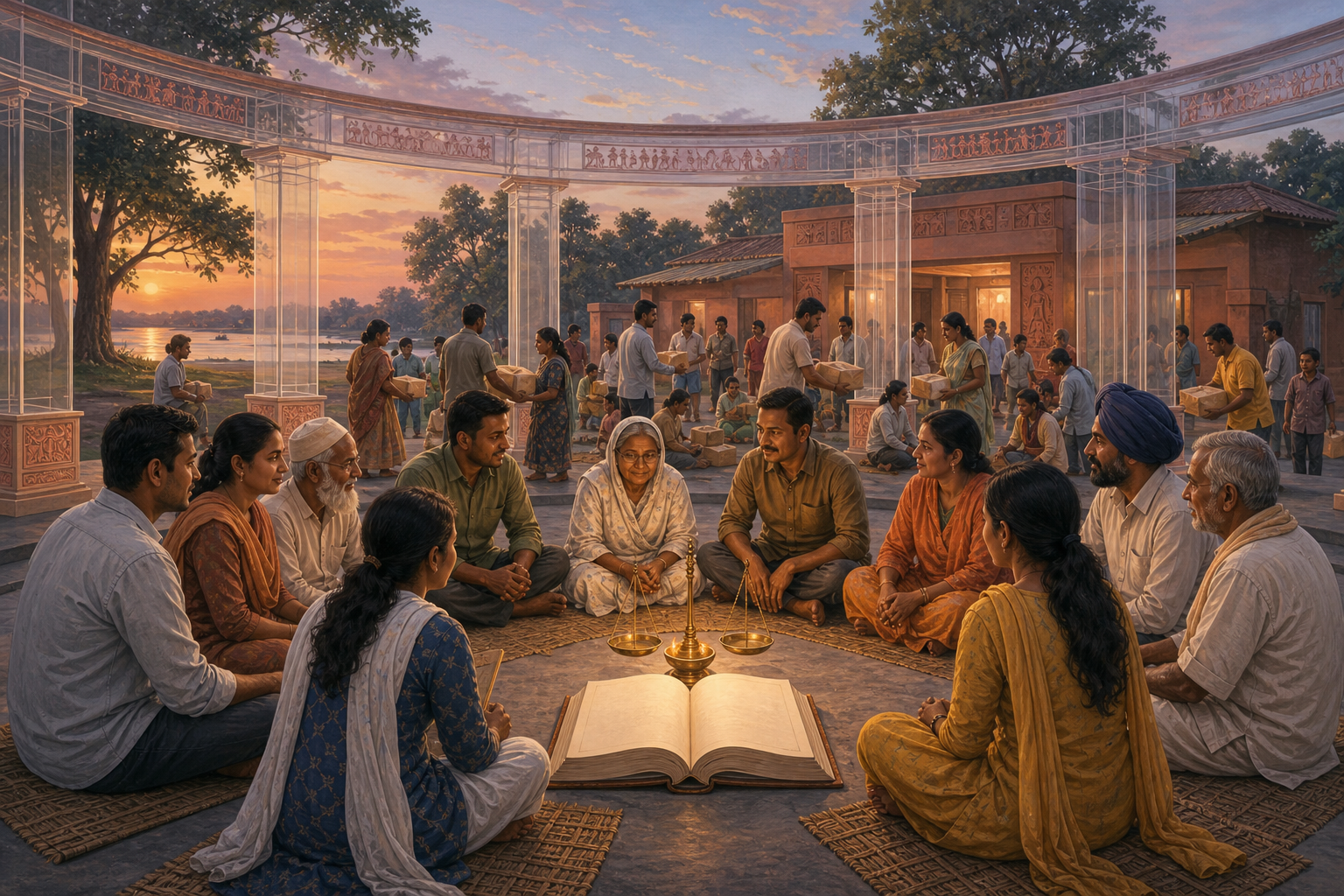 Diverse citizens gather around an unmarked law book and balanced scale while volunteers provide community assistance behind them.