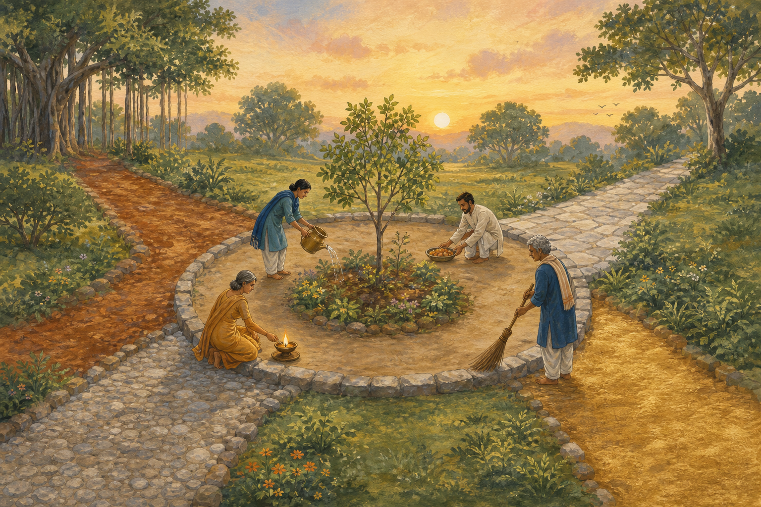Four separate natural paths meet at a circular garden where four people care for a tree, food bowl, stone edge, and lamp together at sunrise.