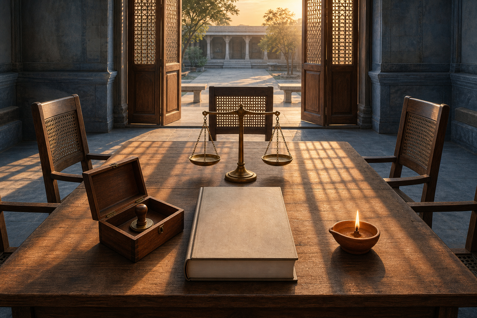 A council table at sunrise holds a balanced scale, an unmarked bound volume, an open box with an official seal, and a lit clay lamp.