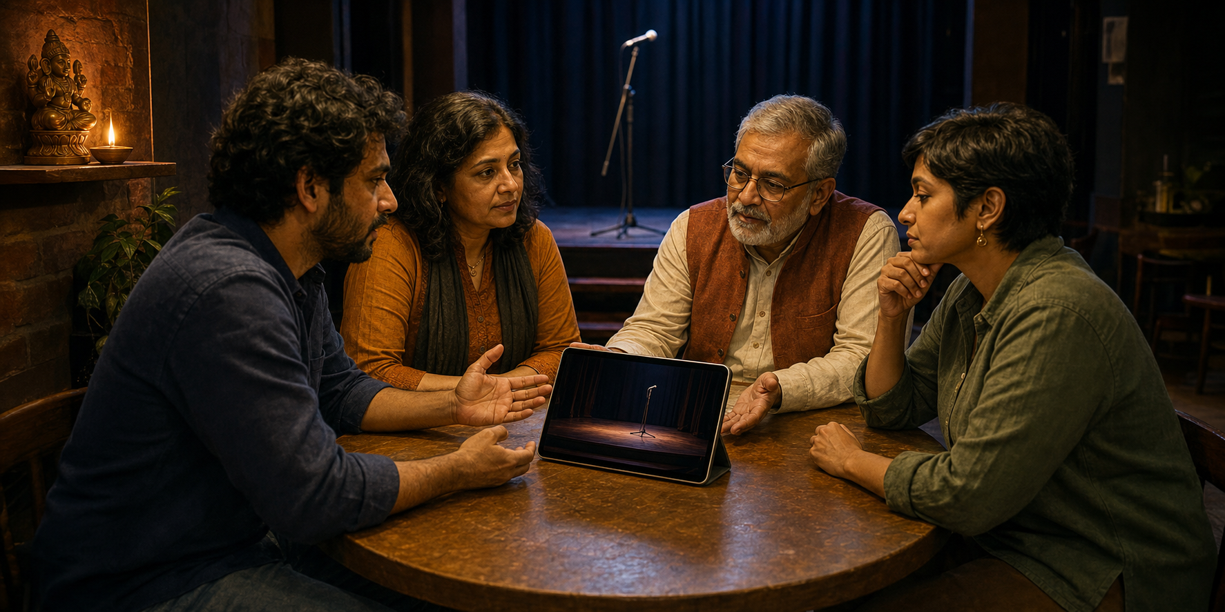 A comedian, community representative, venue organizer, and mediator hold a calm discussion beside an empty comedy stage.
