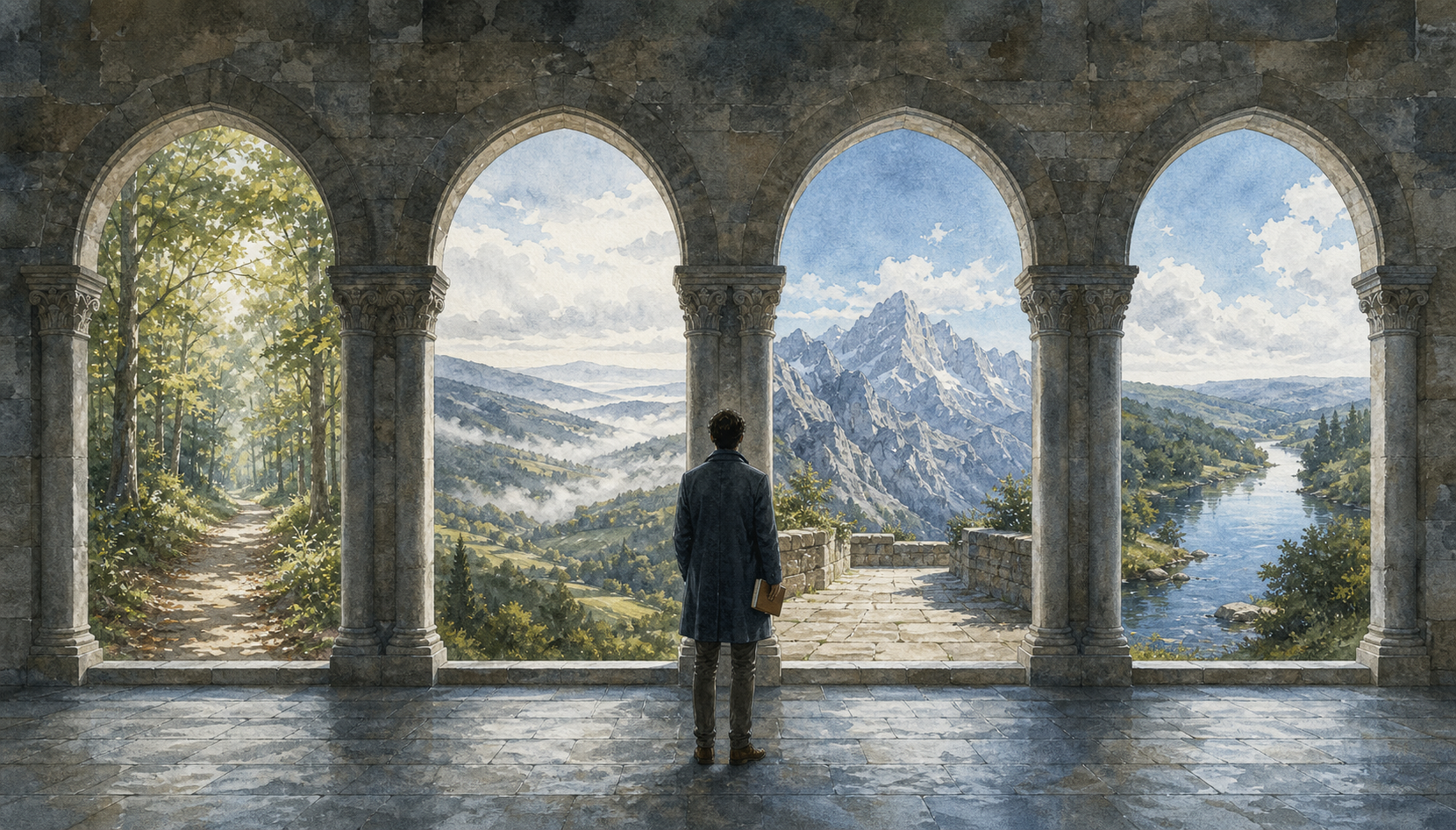 A person observes four separate archways in a stone cloister, each opening onto a different natural landscape.
