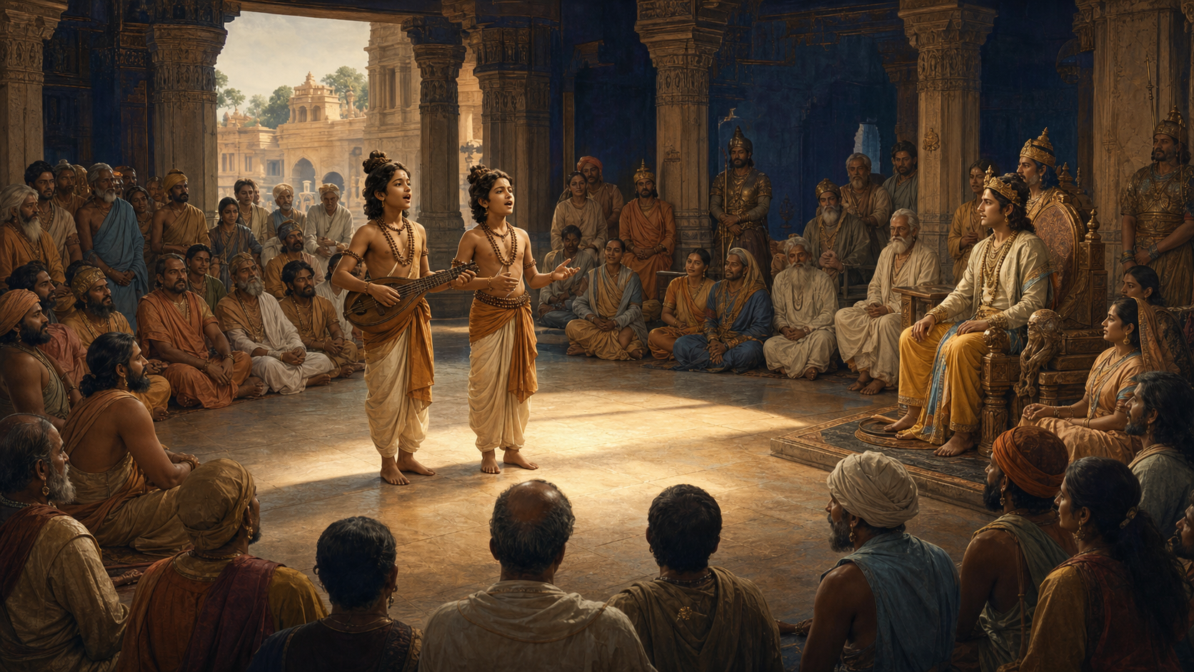 Lava and Kusha sing before Rama and a diverse audience in the pillared royal assembly at Ayodhya.