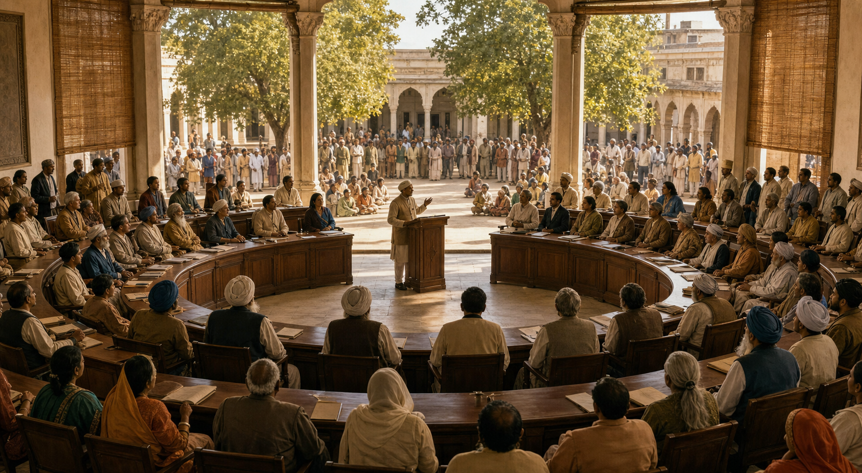 A diverse group of citizens and delegates gathered around a modest central lectern in a sunlit civic chamber.
