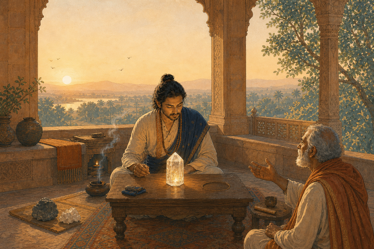 A seated Indian scholar studies a glowing crystal while six surrounding scenes suggest observation, inference, comparison, testimony, absence and postulation.