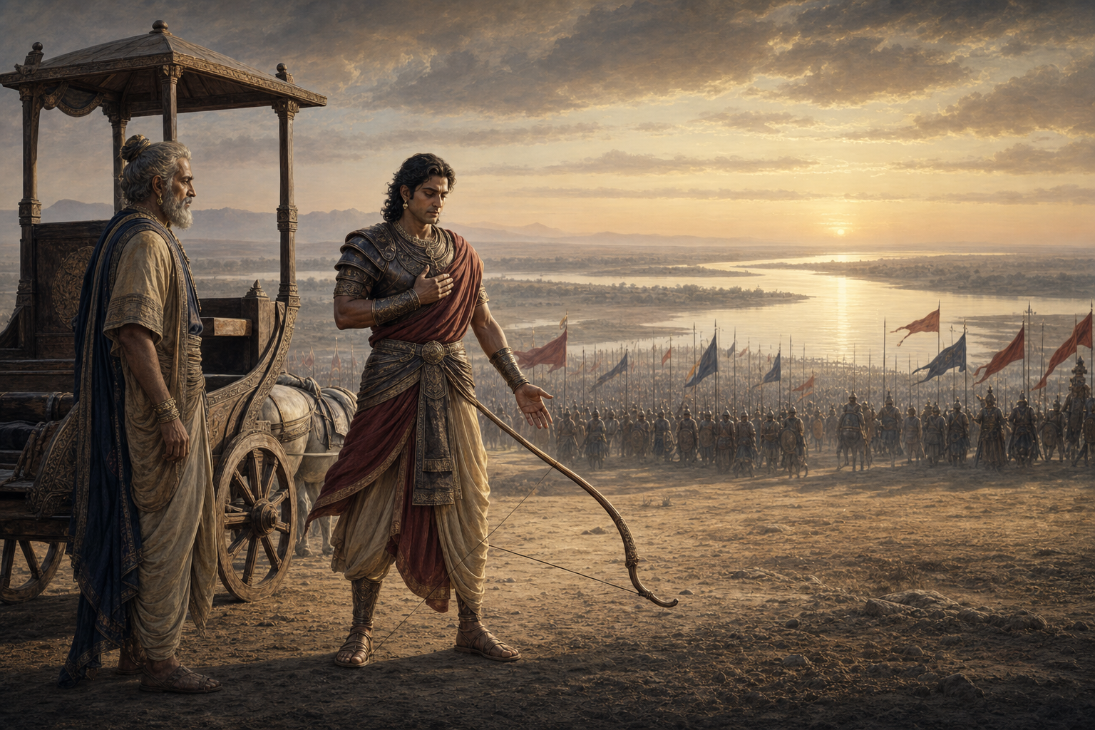 An ancient warrior lowers his bow beside a chariot as an elder adviser stands nearby and an army waits under the light of dawn.