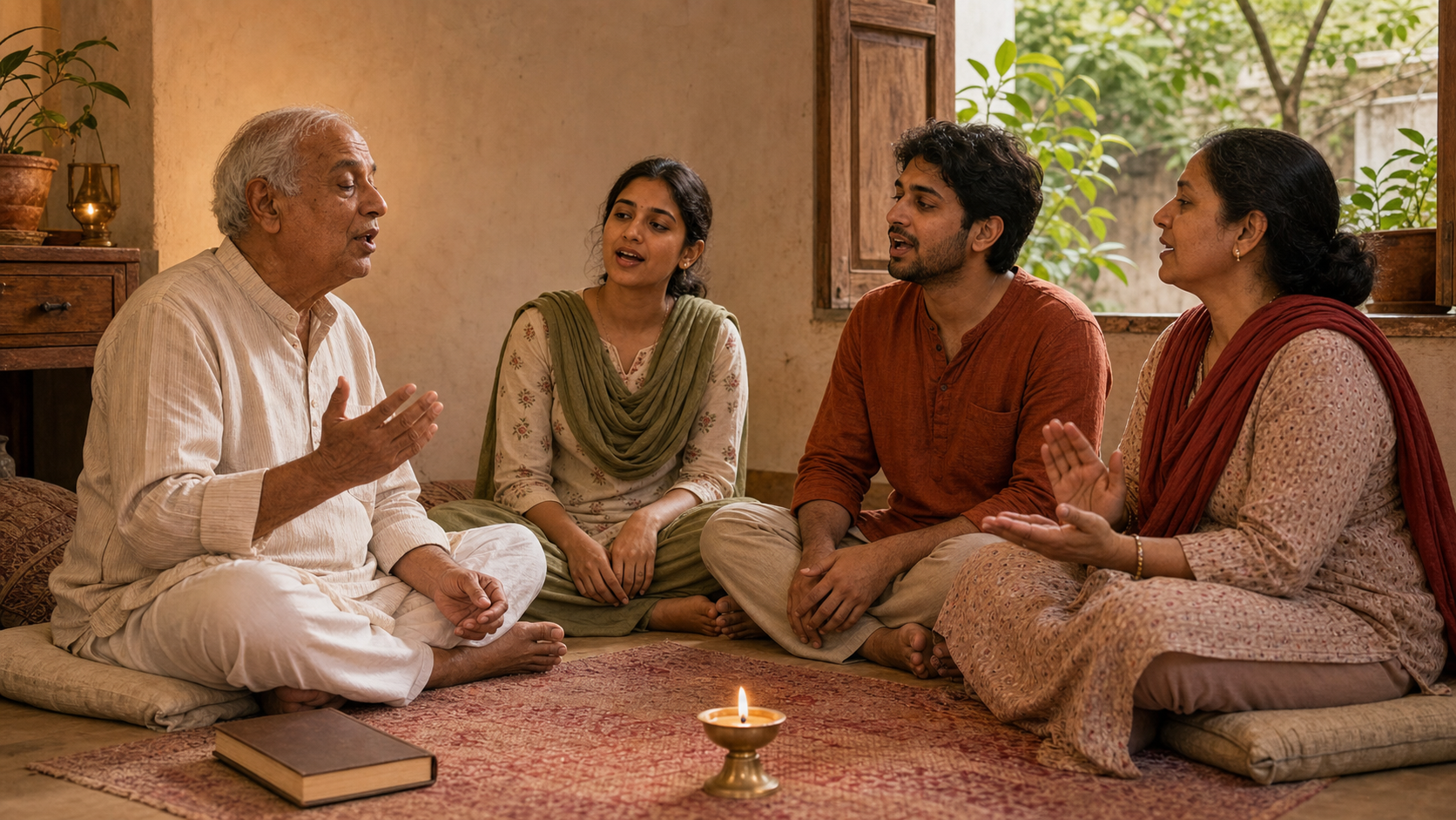 Three generations sit in a home study circle, listening, repeating together and keeping rhythm by hand.