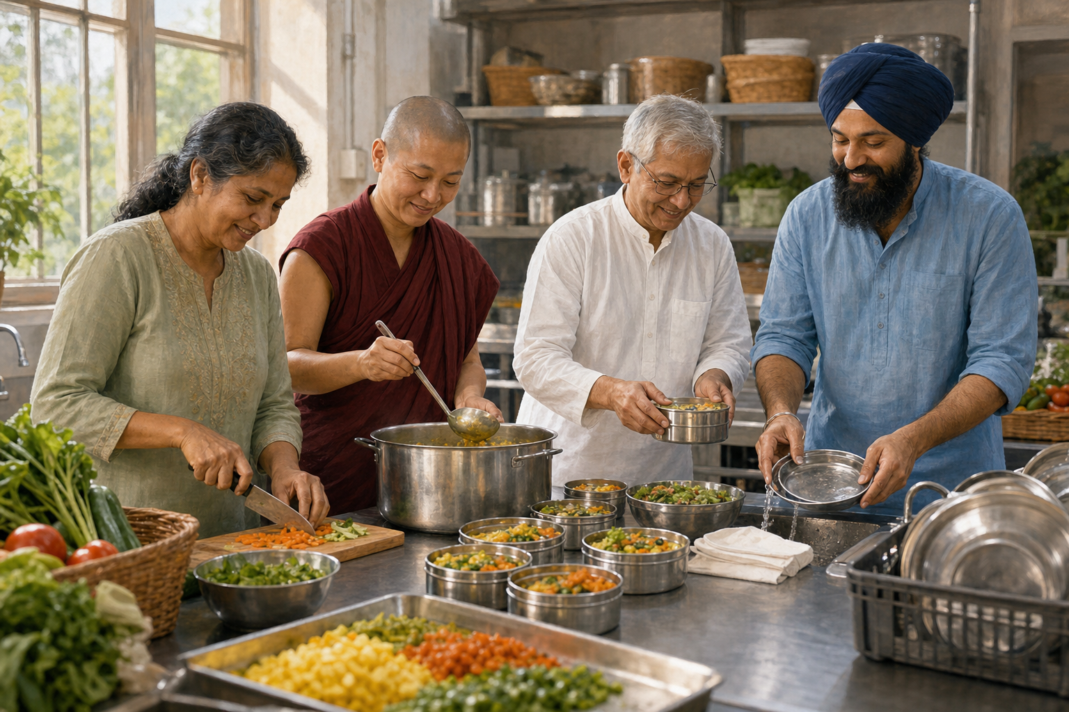 Four volunteers in a community kitchen prepare vegetables, portion meals, wash dishes, and arrange food together.