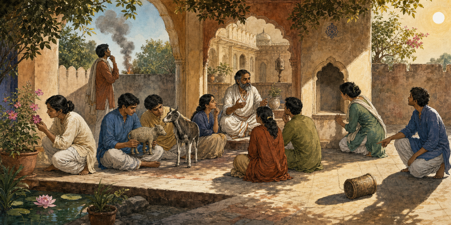 Six scenes in an Indian courtyard show people observing, inferring, comparing, hearing testimony, noticing an absence and explaining indirect evidence.
