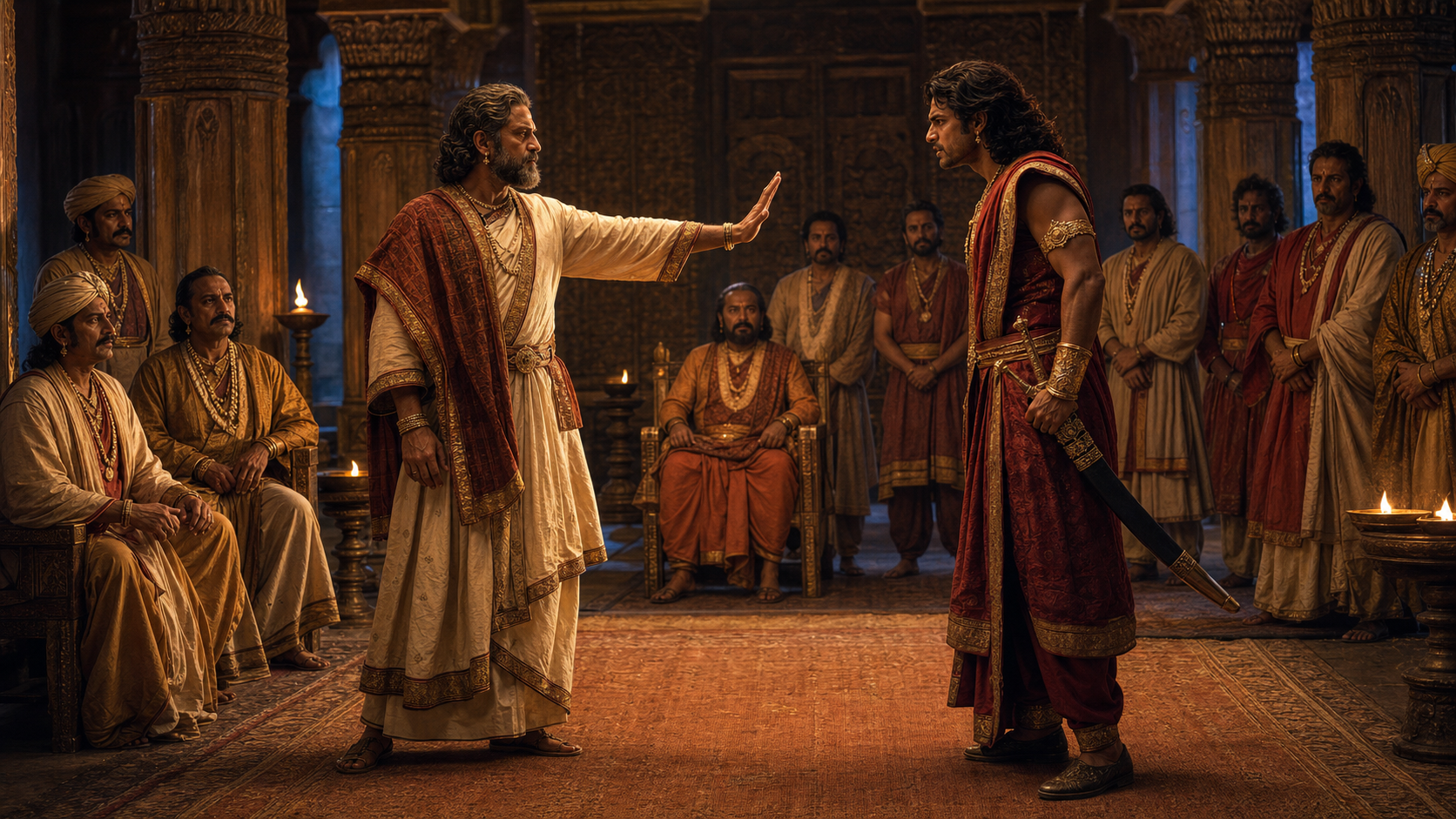 A court counselor raises an open hand before an angry prince with a sheathed sword while nobles watch in a torchlit hall.