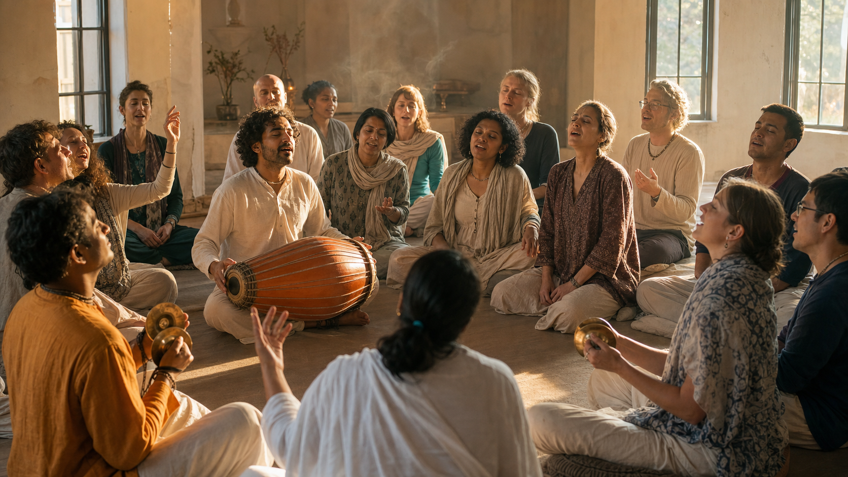 A circle of devotees sings together in a temple hall while playing a clay mridanga drum and brass kartals in warm window light.