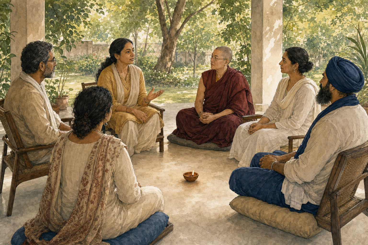 Adults from several Dharmic communities sit in a circle on a garden veranda and listen attentively to one another around a clay lamp.
